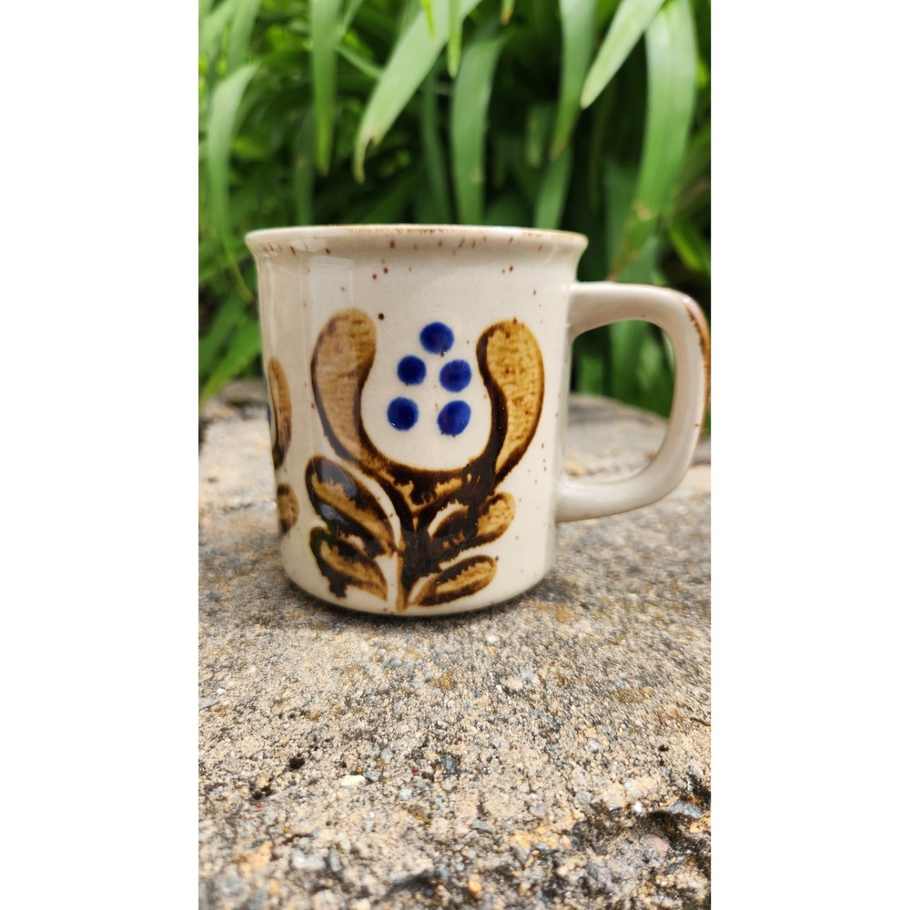 Hearthside Potter's Pride Vintage Stoneware Mug Japan Floral Blue Brown Speckled